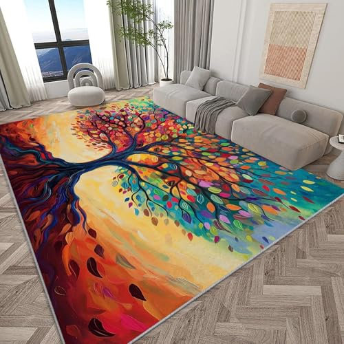OUZUIU Teppich Bemalter Lebensbaum Schlafzimmer Teppich, Flauschig Teppiche Wohnzimmer Teppiche Weich rutschfest Teppich, für Wohnzimmer Schlafzimmer Bettvorleger, Zimmer Deko Teppich 90x120cm Carpet