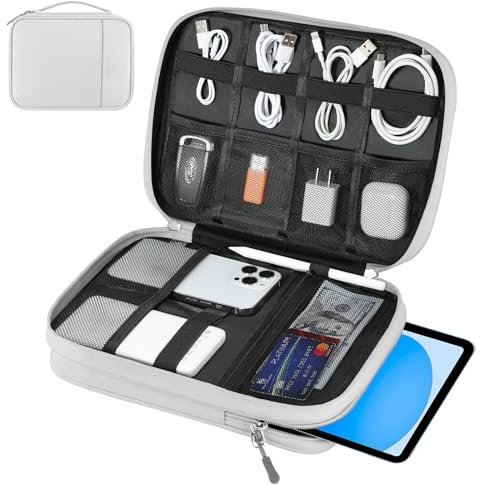 Dadanism Bolsa Organizadora Cables Universal de Viaje, Electrónicos Accesorios Cable Organizer Bag de Doble Capa para Tabletas de 9-11, Phone, Cable, Cargador, Power Bank, Memoria USB, Blanco Gris