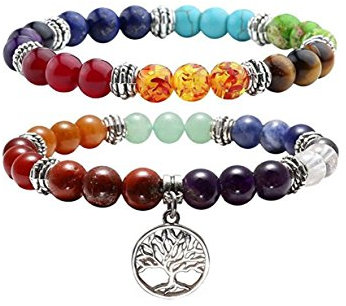 Jovivi Lot de 2PCS 7 Chakra Pierres Naturelles Perles d'Energie Bracelet Extensible Elastique Tibetain Bouddhiste avec Pendentif Arbre de la Vie