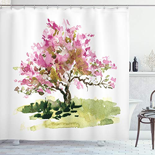 ABAKUHAUS Japonais Rideau de Douche, Feuilles Aquarelle Sakura, Tissu Ensemble de Décor de Salle de Bain avec Crochets, 175 cm x 180 cm, Vert réséda Vert