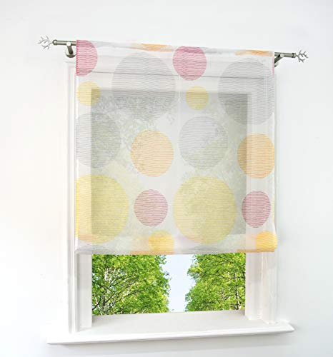 Raffrollo mit Kreis-Motiven Druck Design Rollos Voile Transparent Vorhang (BxH 100x140cm, Gelb/Rosa mit Tunnelzug)