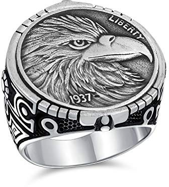 Personalisieren Sie Die Aussage Patriotic USA Bird American Symbol Novelty Boho Fantasy Liberty 1937 Eagle Head Coin Ring Für Männer Oxidiertes .925 Sterling Silber Anpassbar