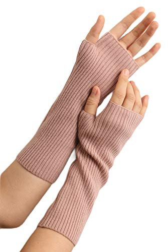 Prettystern Damen mid-lange Kaschmir-Wolle Pulswärmer Arm-Stulpen fingerlose Ripp gestrickt Handschuhe Rosa