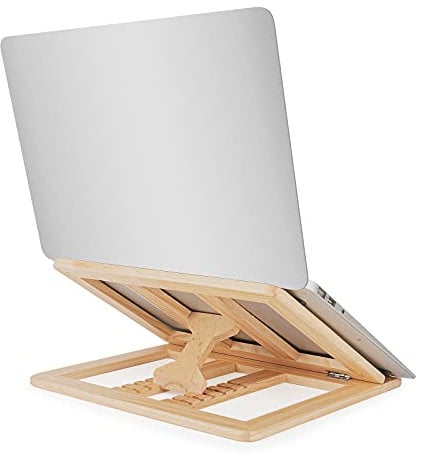 Skoioje Wooden Laptop Stand, Foldable Wood Laptop Riser Adjustable Computer Wooden MacBook Stand for Desk Portable Universal Notebook Laptop Holder with Multiple Angles for Laptops Up to 15.6 inches
