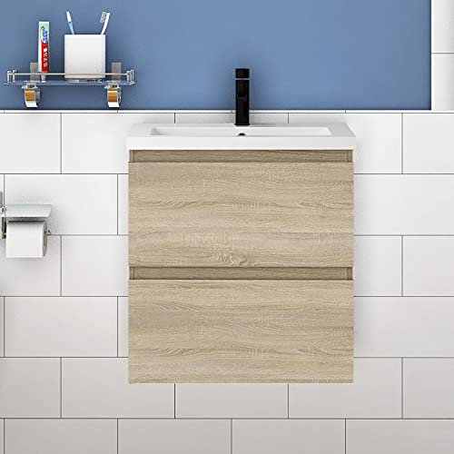 Acezanble Meuble de Salle de Bain avec Lavabo, Meuble sous Vasque Suspendu Bois Clair 50cm x 38.5cm x 52cm