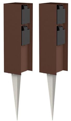 ledscom.de 2x presa da giardino POMI con picchetto a terra per esterni, IP44, a 2 vie, marrone, quadrata, 23cm