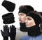 KISPATTI Ohrenwärmer Stirnband Nackenwärmer Set Fleece, Winter Ohrenschützer Stirnbänder Nackenschutz Handschuhe Winter für Winter Outdoor Sport und Alltagstragen für Damen Herren