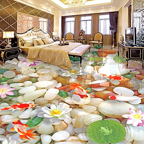 Custom 3D Photo Wallpaper Creative Floor Mural Pebbles Lotus Carp Bedroom Bathroom Non-Slip Self-Adhesive Vinyl Wall Paper,200cmX140cm