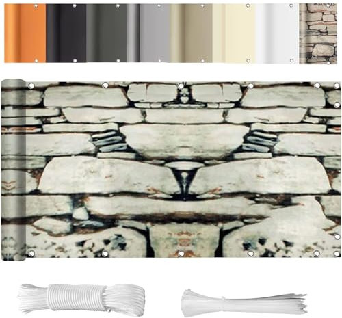 WEALSFUN Balkonabdeckung (390Größen & 8 Farben) Balkonverkleidung Ohne Bohren blickdichte Wind UV-Schutz mit Ösen Kabelbinder Kordel,90X600CM Steinmuster
