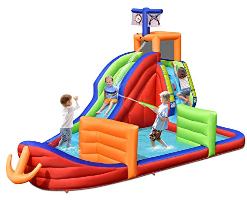DREAMADE 6 in 1 Aufblasbare Burg, Trocken-/Wasserrutsche mit Kletterwand & Spielzeugpool, Piratenschiff Wasserspielcenter mit Spielen, für Kinder 3-10 Jahren, 316,5 x 428,5 x 286 cm