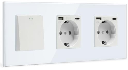 BSEED Interruptor de pared con Enchufe Doble Blanco,1 Gang 1 Vía interruptor pared+16Amp Schuko Enchufe con 1 Puerto Tipo C y 1 Puertos USB,16Amp Interruptor de luz de botón pulsador