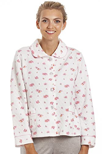 Camille Womens Lightweight Mock Quilt Bed Jacket - Luxury Floral Collared Soft Feel Sleep Top - Button Up & Long Sleeved Ivory 22-24