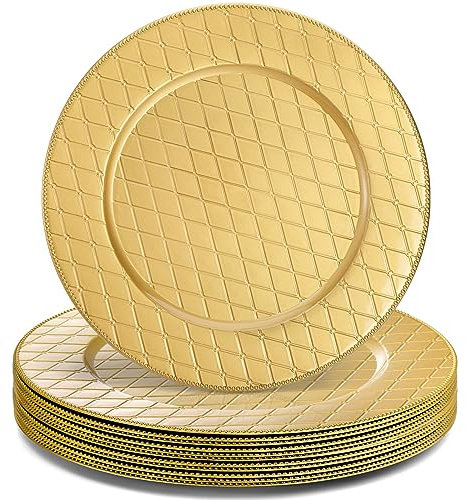 Lyellfe Set of 12 Gold Charger Plates, 13 Inch Decorative Chargers for Dinner Plates, Plastic Round Charger Service Plates for Wedding, Party, Anniversary, Diamond Pattern