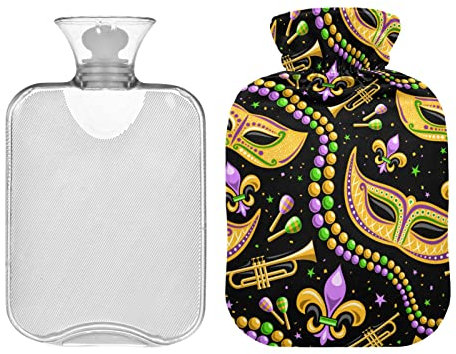 Mardi Gras Fleur De Lis Beads Star Hot Water Bottles 2L Water Heating Pad Relief from Headaches Back Pain Menstrual Cramps