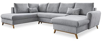 MIUFORM Ecksofa U-Form mit Schlaffunktion und Bettkasten | Scandic Lagom | Wohnlandschaft mit Schlaffunktion, Sofa U Form, Couch U Form, Wohnlandschaft U-Form (Hellgrau, Links ausgerichtet)