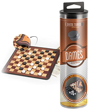 WOGAMAT - Game Tubes Dames - Kit Complet pour Jeu de Dames - Double Face en Néoprène, Damier Dames au Recto, Moulin au Verso + 40 Pions en Bois + Livret Règles