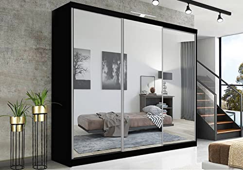 RAC3 Race to Road Stylish Bedroom Sliding Wardrobe with LED Light - Ample Storage Space and Sleek Design comes in White/Grey/Black/Oak and Width 100cm/120cm/150cm/180cm/203cm/250cm (Black, 250cm)