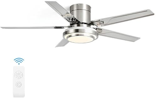 Moddeny Modern Ceiling Fan with Light and Remote Control, 52 Stainless Steel 5-Blade Ceiling Fan 6 Speed 3 Color Reversible Flush Mount Low Profile Ceiling Fans for Bedroom Kitchen Living Room
