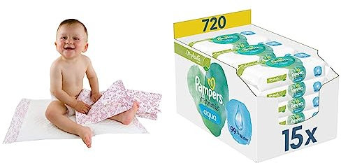 Teqler Baby-Wickelunterlagen: Wickelunterlagen mit verschiedenen Motiven für unterwegs 40 x 60 cm (50-er Pack) & Pampers Harmonie Aqua Baby Feuchttücher Box, 720 Tücher (15 x 48)