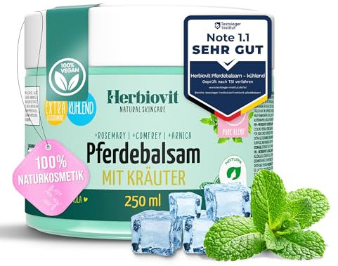 Herbiovit Pferdesalbe kühlend mit Kräutern & Glucosamin 250ml – Pferdebalsam kühlend für Schmerzen und Schwellungen | natürliches Schmerzgel mit Menthol Beinwell Arnika Pfefferminzöl Rosmarin