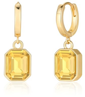 Pendientes de aro de cristal de oro para mujer, chapados en oro de 14 quilates, hipoalergénicos, piedra de nacimiento, pendientes hugge, joyas, regalos para mujeres y niñas (Amarillo)