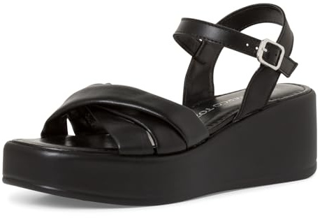MARCO TOZZI Damen Sandalen mit Keilabsatz mit Verstellbarem Riemen aus Leder, Schwarz (Schwarz), 40 EU