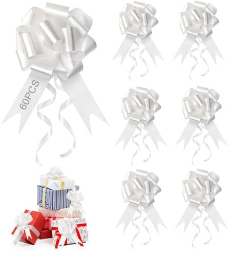 60 Pezzi Fiocchi Bianchi Matrimonio, RISVOWO Coccarde Fiocco Autotiranti Bianche per Matrimonio, Decorazioni Matrimonio, Nastro Bianco per Natale, Feste, San Valentino Decorazione e Compleanno