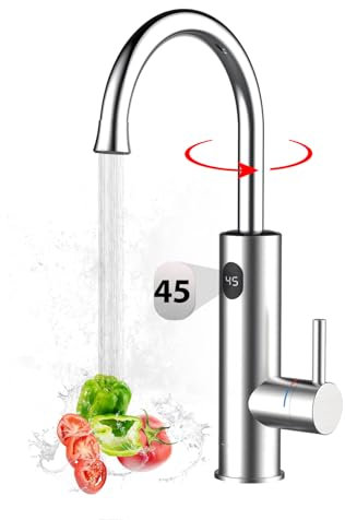 Wasserhahn mit Durchlauferhitzer Küche, 3200W Elektrische Heizung Wasserhahn, LED Temperaturanzeige 360º Misch Drehung Küchenarmatur, 304 Edelstahl Armatur, Silber