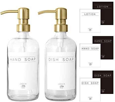 Janxin Seifenspender aus Glas, 2 Stück, Seifenspender für Küchenspüle mit Pumpe, Geschirrseife, Lotion (Klare Flaschen+Goldene Pumpen)