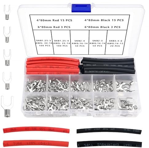 YIXISI 356 PCS M3/M4/M5/M6 Non-Insulated Fork Terminals Kit, Tin Plated Copper Fork Lug Crimp Cable Connectors, with Heat Shrink Tube, AWG 22-16 16-14 14-12
