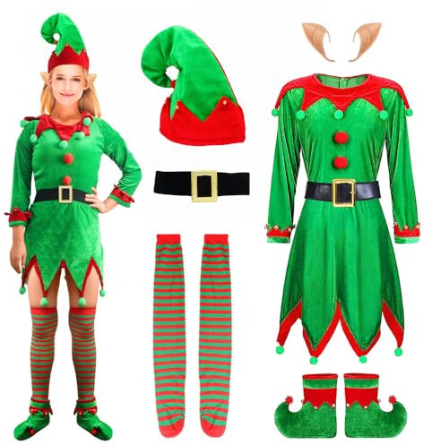 Claofoc 6 Teiliges Weihnachtselfen Kostüm Damen Weihnachtskostüme Weihnachtsmann Elf Kostüm für Erwachsene KleidOutfit mit Elfenohren Hut Schuhen Gürtel Socken (Green, 2XL)