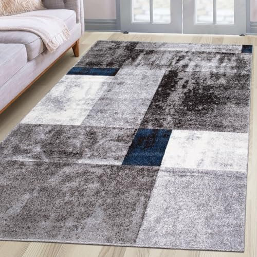 oKu-Tex Kurzflorteppich | Designteppich | Teppich Wohnzimmer | Florhöhe: 9 mm | besonders weicher Flor | geometrisches Muster | modern | meliert grau blau | dichte Qualität | 60 x 110 cm