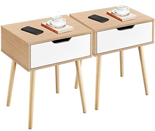Yaheetech Nachttisch 2er Set Beistelltisch Nachtkommode mit Schublade Holzbeine Sofatisch Nachtschrank Boxspringbett Nachtkommode für Schlafzimmer/Wohnzimmer, Hellbraun