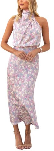 Odizli Vestido de noche largo para mujer, elegante, sin mangas, de satén, para verano, boda, vestido de noche, lila y blanco, S