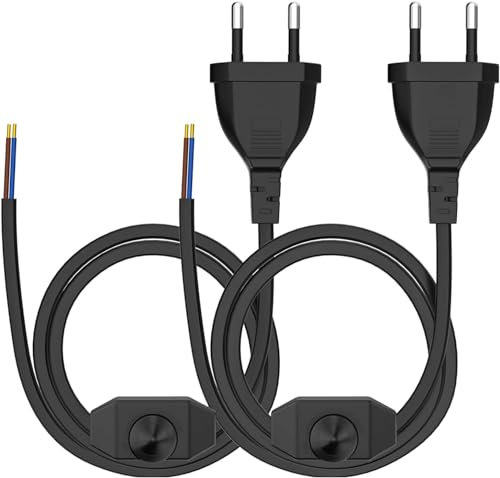 Euro Netzkabel mit Schalter, 3 Meter LED Dimmer, 2 X Euro Stecker Verlängerungskabel Drehdimmer Typ C, 2 x 0,5 mm², bis 1A/250V, 40W, nur für Leuchten mit Dimmfunktion, Schwarz