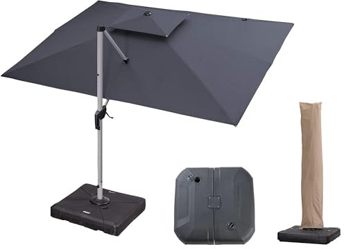 PURPLE LEAF Parasol Déporté 2,7 x 3,65 m Rectangulaire avec Pieds de Parasol, Parasol de Jardin Extérieur à Toit Double Rotatif 360°, Convient au Patio, Piscines, Cafés et Restaurants, Gris acier