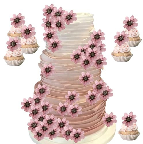 Xsstarmi 20 Pack Pink Daisy Artificial Flower Cake Topper Silk Chrysanthemum Fake Flower Cake Pick for DIY Baby Shower Wedding Bithdaty Party Cake Decorations Supplies