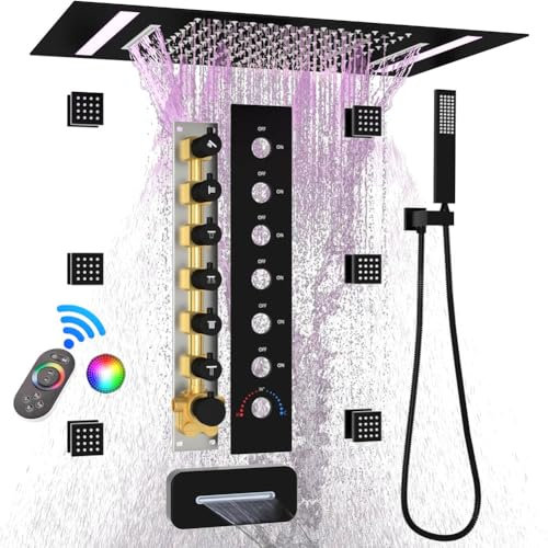 ypuxil Thermostatic Shower System, LED Multi Functions Shower Heads with Handheld Spray Combo, High Pressure Shower Heads with 6pcs Body Jets Spray And Up/Down Shower Heads