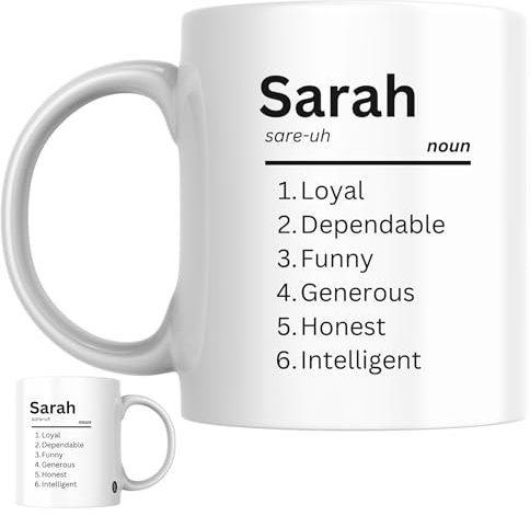 Designs of note! Sarah Definition Mug | Funny Personalised Name Meaning Coffee Cup for Her | Novelty Gift for Women or Girls Called Sarah (Parent) (Black)
