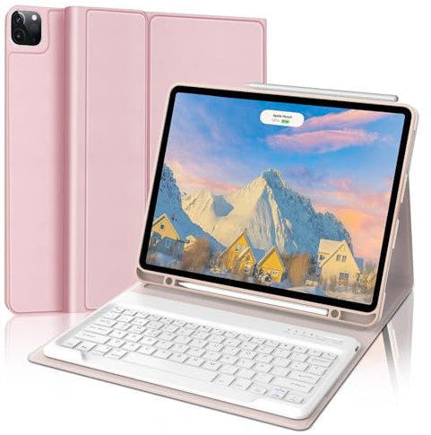FOGARI Teclado Funda para iPad Pro 12.9 6ª 2022 /5ª 2021/4ª 2020/3ª Gen 2018, Estuche Portátil Delgado con Portalápices, Español Teclado Desmontable Inalámbrico, Rosa