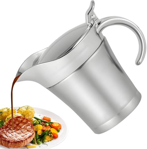 WANDGU Edelstahl Thermo Sauciere 450ml: Doppelt Isolierte Saucenkanne, Eleganter Silberner Saucenkrug Doppelwandig Soßenkanne mit Klappdeckel und Henkel für Servieren von Soße, Vanillesoße, Sahne