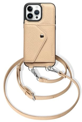 LUCKYCOIN for iPhone 16 Pro Max Leather Wallet Case,Beige Crossbody Phone Case | with Adjustable Removable Wrist Strap,with Card Holder,Crossbody Lanyard Case,for Woman,Travel Flip Phone Purse Case