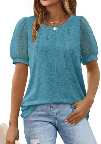 Aokosor Womens T Shirts Ladies Swiss Dot Tops Pleated Front T Shirt Puff Sleeve Summer Tops Turquoise Size 10-12