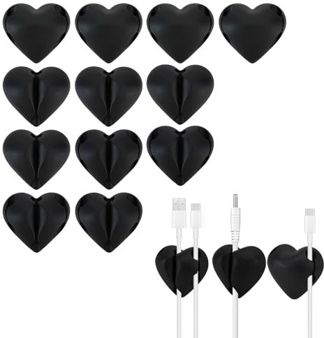 HMIEPRS 12Pcs Cable Clips, Heart-shaped Cable Management Self Adhesive Holders, Black Wire Tidy Clips Cord Organiser, Cable Holder Clip Desk Accessories for Home Office Car Desk USB Charger