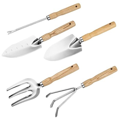 Tommiy 5-Piece Garden Tool Gift Set, Stainless Steel Garden Tools, Gardening Kit With Wooden Handle | Mud Shovels, Hand Rake, Root, And Loosening Fork
