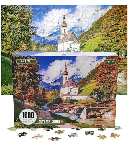 MISITU Puzzle 1000 Teile für Erwachsene Kirche im Herbst Heimdekoration 70 x 50cm