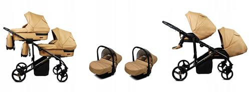 BabyLux® Kinderwagen Set 3 in 1 für Zwillinge - Trailux Duo - Sand Pearl - incl. Babywanne, Buggy Sportsitz, Auto-Babyschale - Autositz - Geschwisterwagen Zwillingskinderwagen mit Wickeltasche