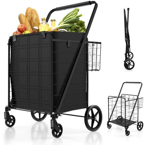 COSTWAY Einkaufstrolley Klappbar, Einkaufswagen auf Rollen mit Abnehmbarer Oxford-Tasche & 2 Körben, Handwagen 150kg belastbar, Rollwagen Allzweckwagen für Wäsche Einkaufen Gepäck(Schwarz)