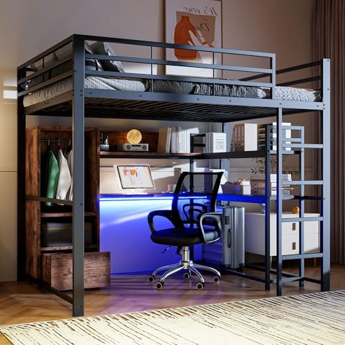 Moimhear Letto a soppalco in metallo, con luci a LED, scrivania, 1 cassetto, scaffali, ringhiere, scale, senza materasso, certificato EN747 (nero, 140 x 200 cm)