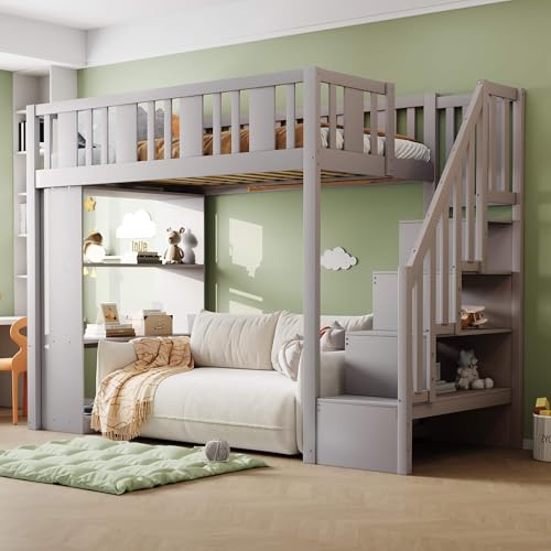 HYUB Hochbett Kinderbett 90x200 cm mit Stauraum und Treppe, Etagenbett Holzbett mit Regale und Lattenrost, Bettgestell mit Rausfallschutz, Grau